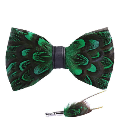 ForestGreen & Black Peacock Feather Bow Tie with Lapel Pin