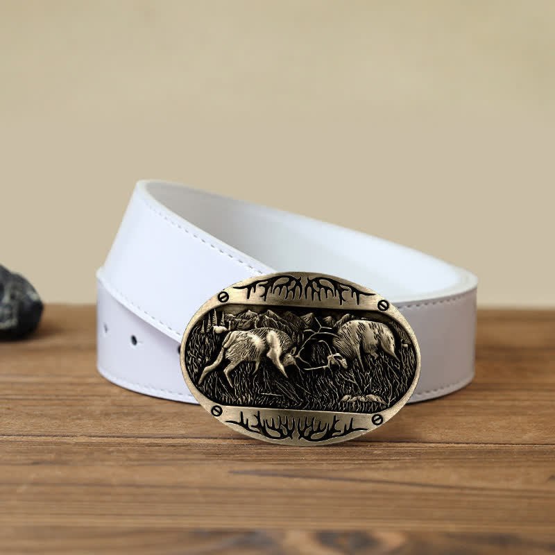 Men's DIY Wild Fighting Deer Buckle Western Leather Belt