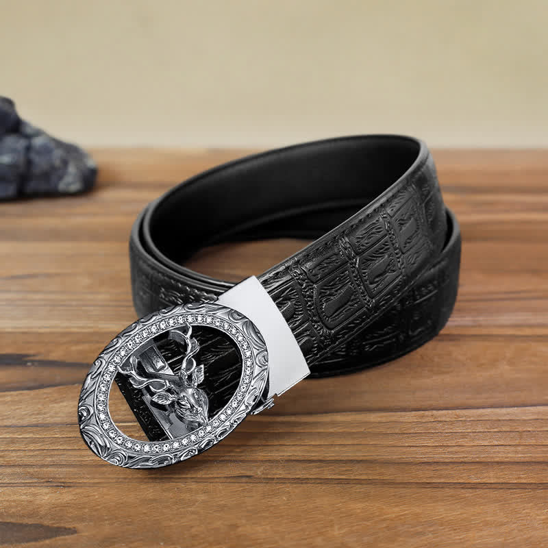 Men's DIY Rhinestone Deer Automatic Buckle Leather Belt