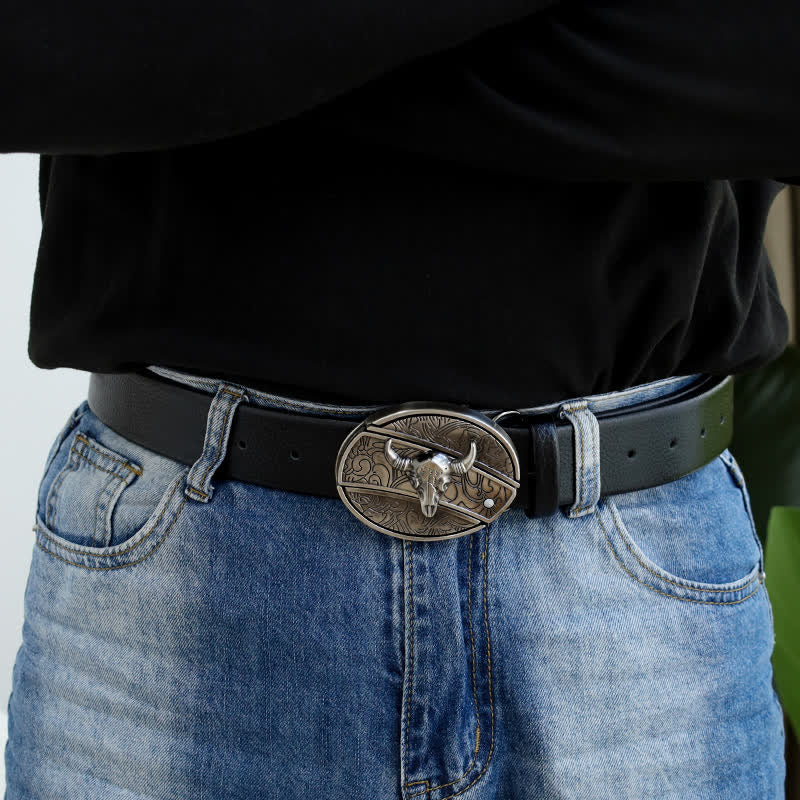 Men's Bull Head Leather Belt With Folding Knife
