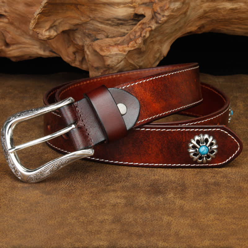 Unisex Retro Brown Turquoise Flower Leather Belt