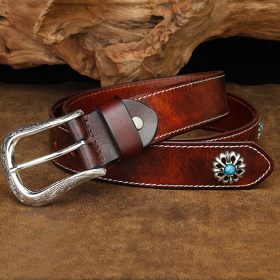 Unisex Retro Brown Turquoise Flower Leather Belt
