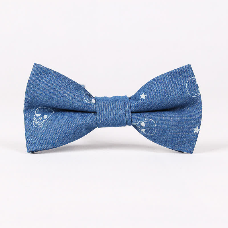 Men's British Style Blue Fish Bone Skull Print Cotton Bow Tie