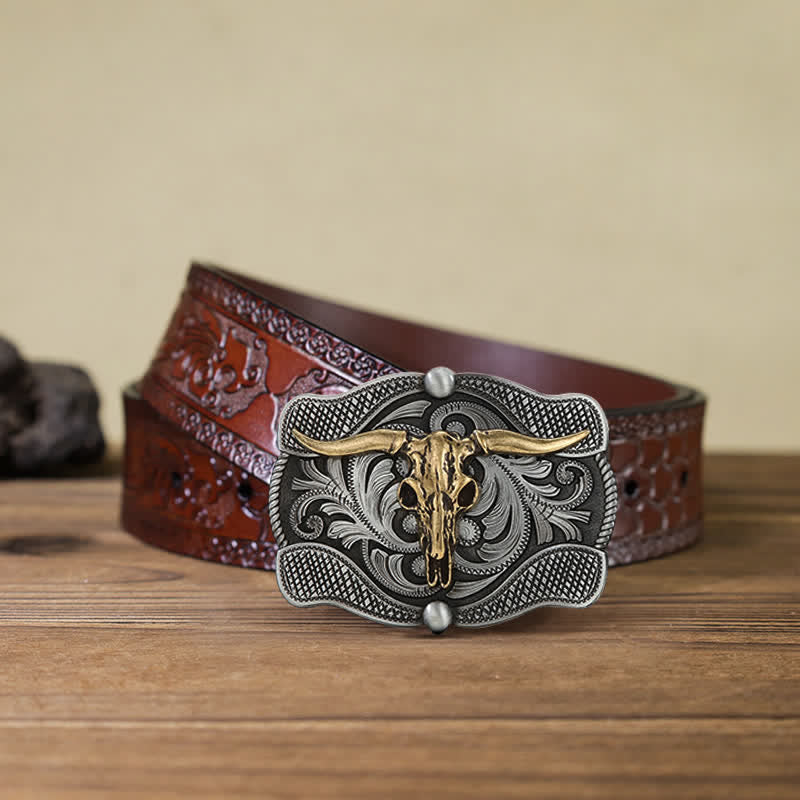 Men's DIY Texas Longhorn Bull Buckle Leather Belt