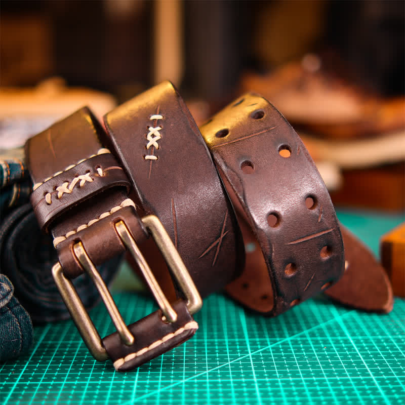 Men's Wide Double Pin Buckle Leather Belt
