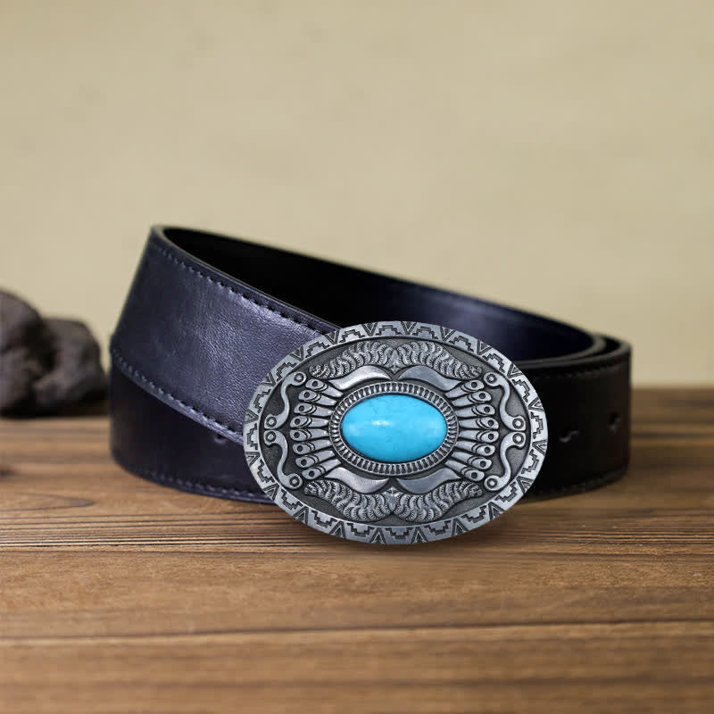 Men's DIY Indian Shield Turquoise Buckle Leather Belt