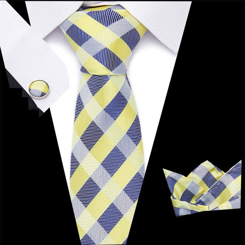 3Pcs Men's Yellow & Blue Striped Plaid Necktie Set