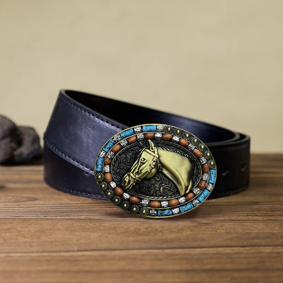 Men's DIY Horse Head Turquoise Buckle Leather Belt