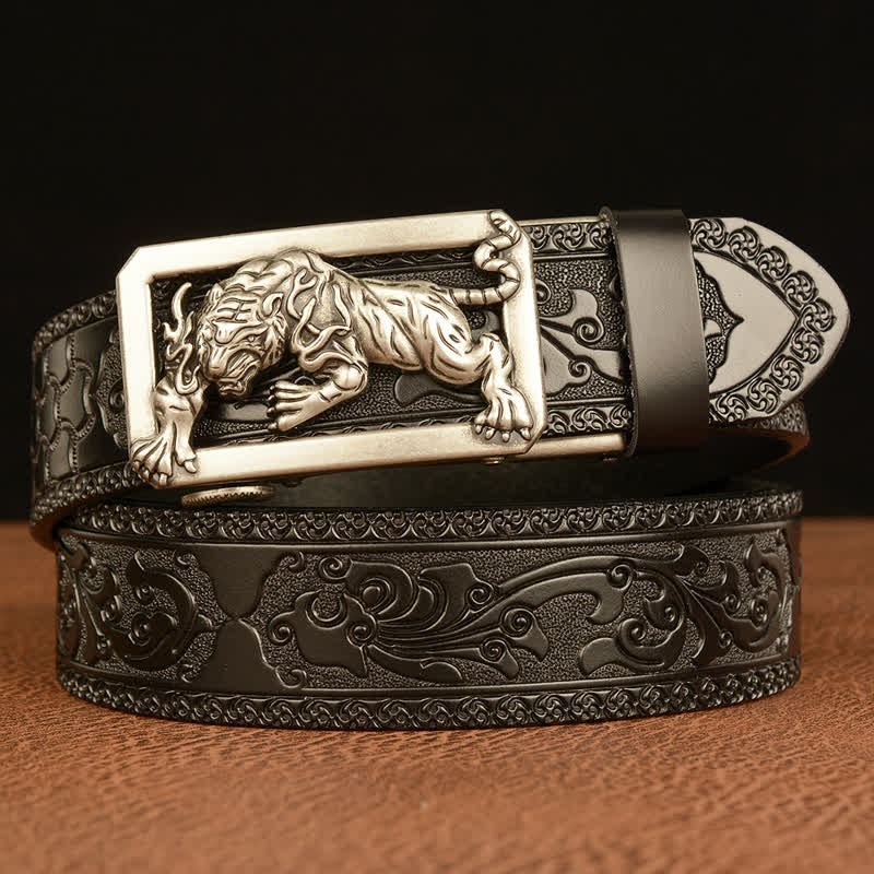 Men's Tiger Buckle Floral Embossed Leather Belt