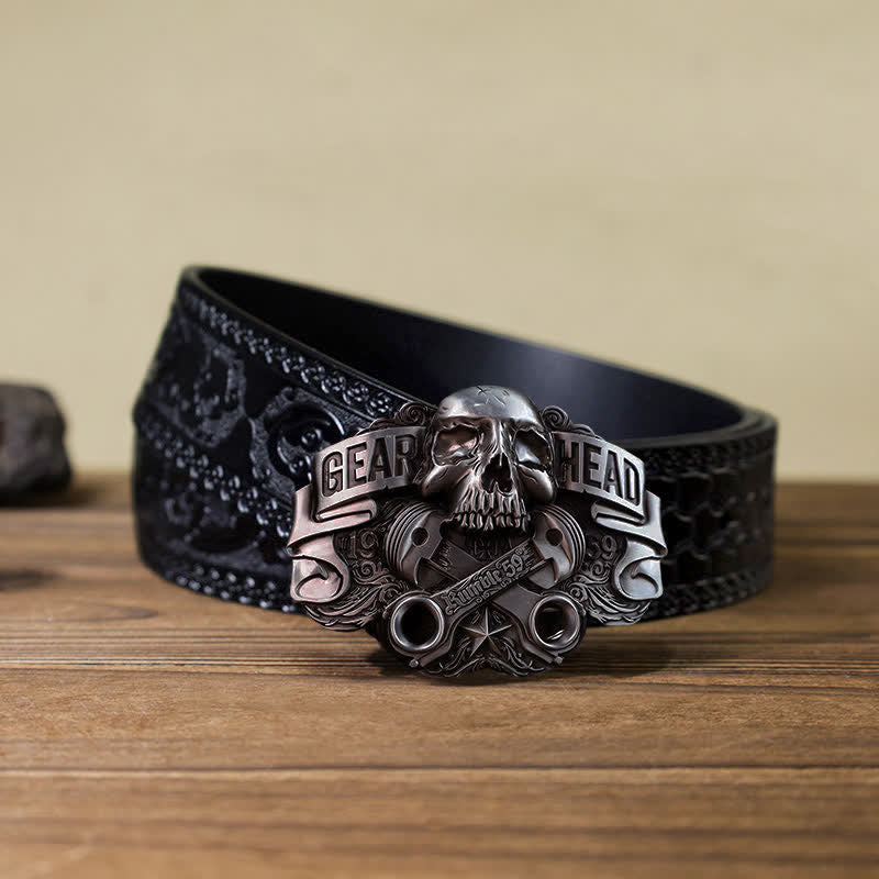 Men's DIY Gear Head Piston Skull Buckle Leather Belt