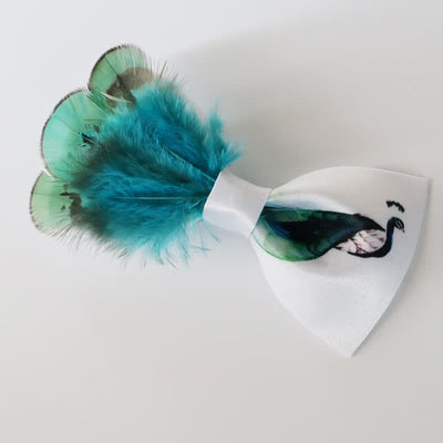 Turquoise & White Peacock Tail Feather Bow Tie