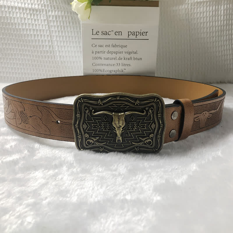 Men's Western Totem Bull Head Leather Belt