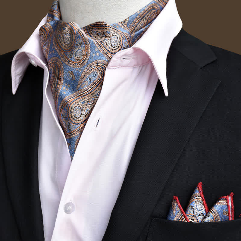 2Pcs CornflowerBlue Luxury Floral Paisley Pocket Square and Cravat Set