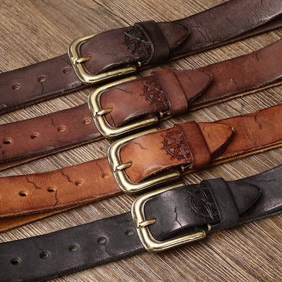 Men's Distressed Embossed Rudder Pattern Leather Belt