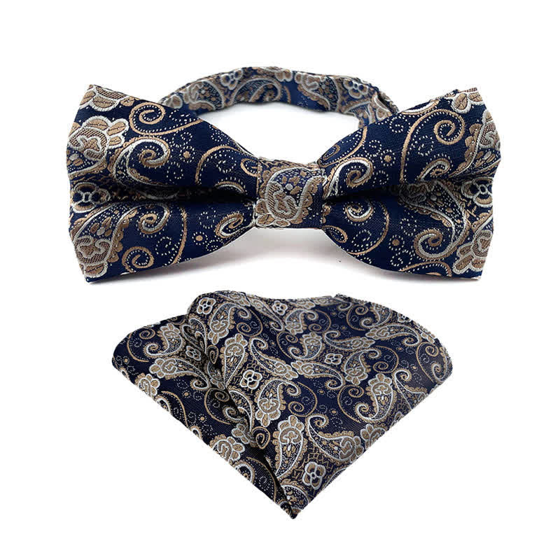 2Pcs Men's Flowery Paisley Bow Tie Pocket Square Set