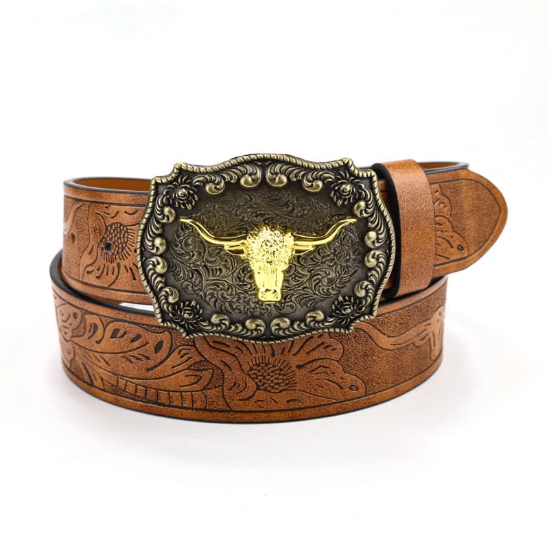 Men's Square Engraved Bull Flower Leather Belt