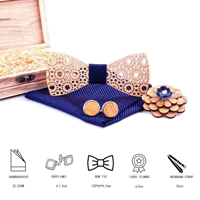 4Pcs Men's Round Hollow Wooden Bow Tie Set