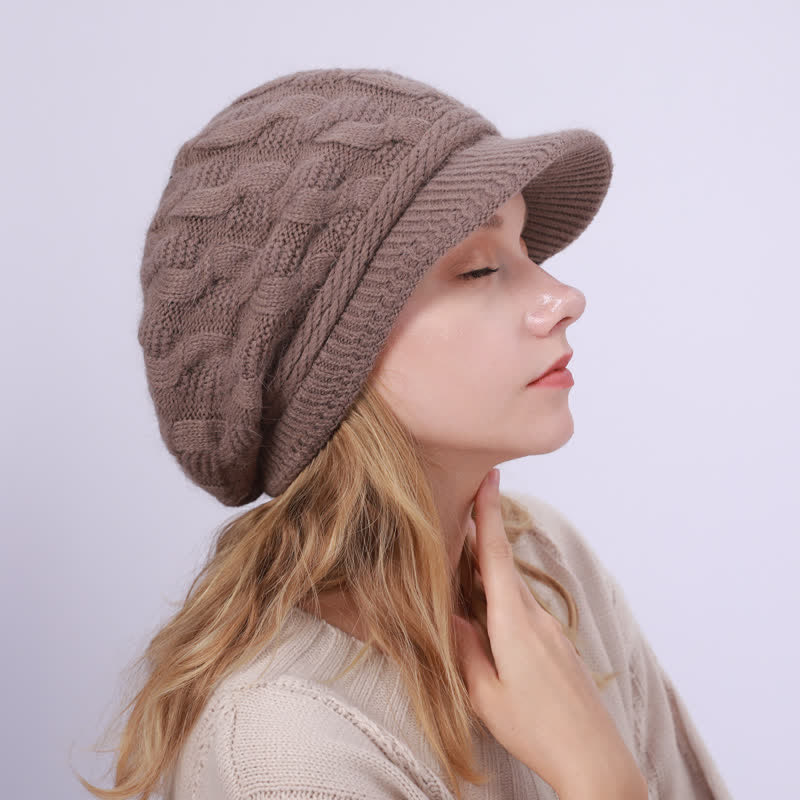 Women's Slouchy Fluffy Lining Visor Beanie Hat