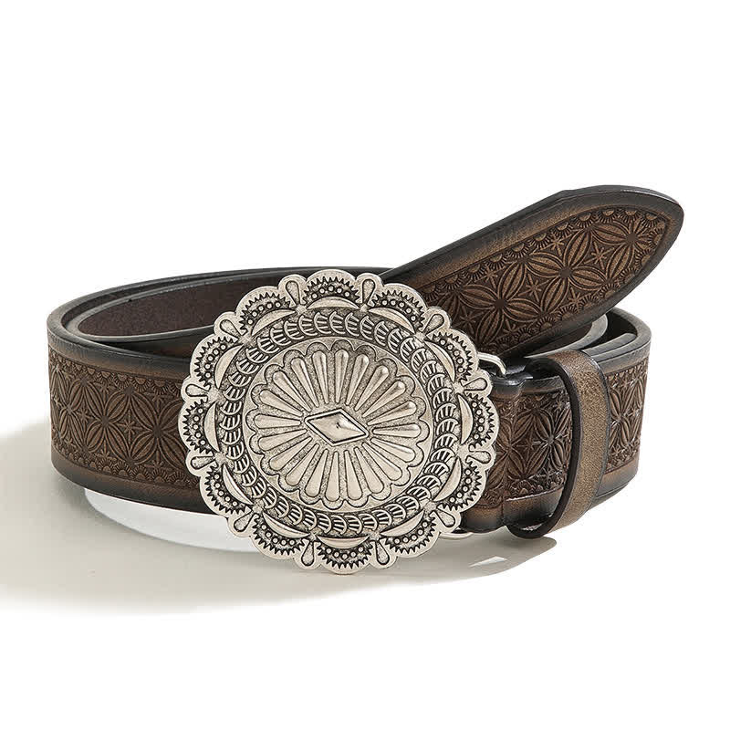 Western Carving Concho Buckle Embossed Leather Belt