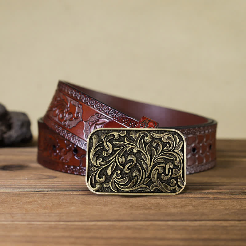 Men's DIY Art Leaves Scrollwork Buckle Leather Belt