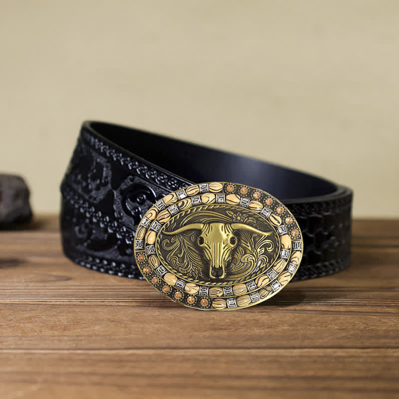 Men's DIY Gold Bull Head Beads Decor Buckle Leather Belt