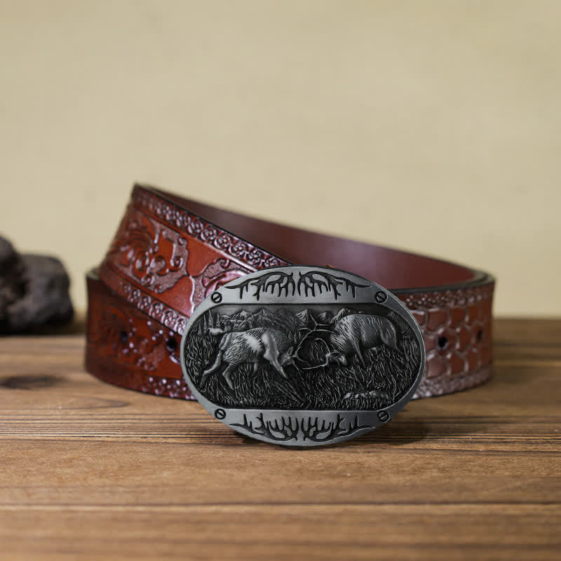 Men's DIY Wild Fighting Deer Buckle Western Leather Belt