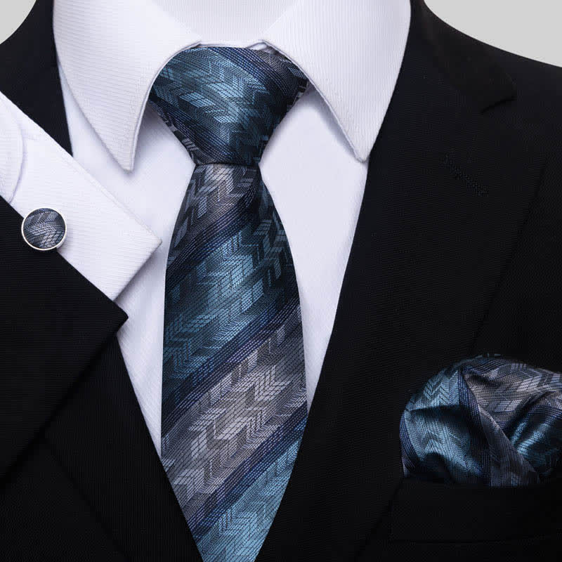 3Pcs Men's Teal & Gray Striped Necktie Set