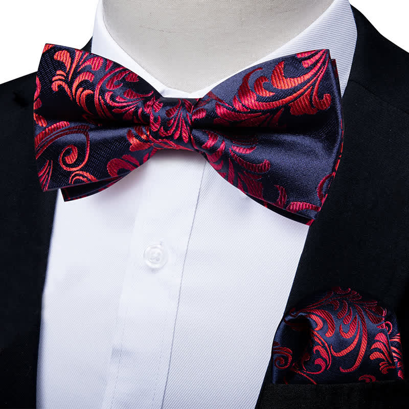 2Pcs Men's Red & Navy Floral Bow Tie Pocket Square Set