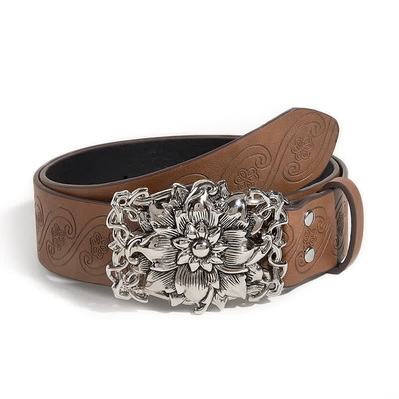 Women's Camel Tone Floral Buckle Leather Belt