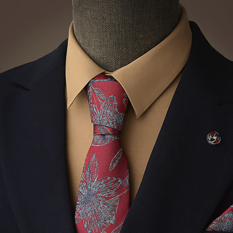 Red & CornflowerBlue Men's Floral Botanical Necktie