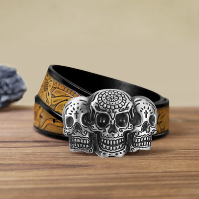 Men's DIY Triple Skull Head Buckle Leather Belt