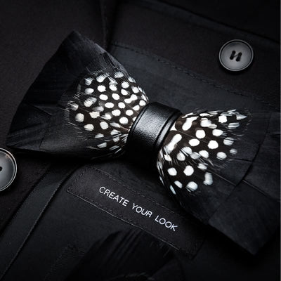 Black & White Dots Feather Bow Tie with Lapel Pin