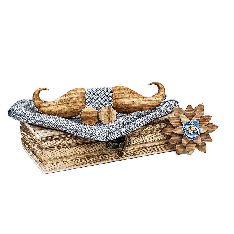 4Pcs Men's Burlywood Moustache Wooden Bow Tie Set