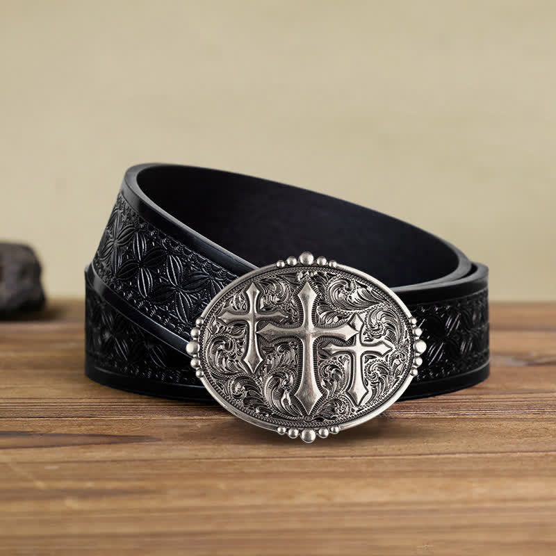 Men's DIY Western Scroll Cross Buckle Leather Belt