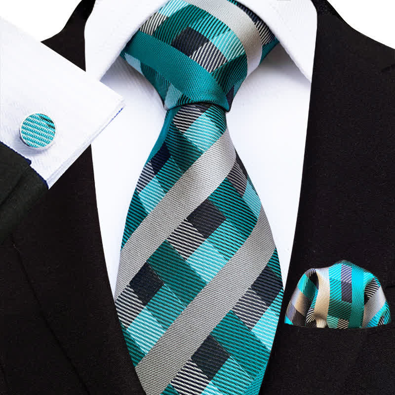 3Pcs Men's Turquoise Check Necktie Set