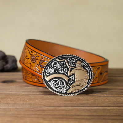 Men's DIY Cowboy Blowing The Horn Buckle Leather Belt