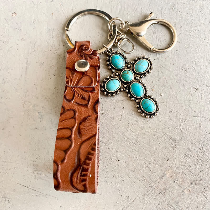 Bohemia Emboss Turquoise Pendant Leather Keychain