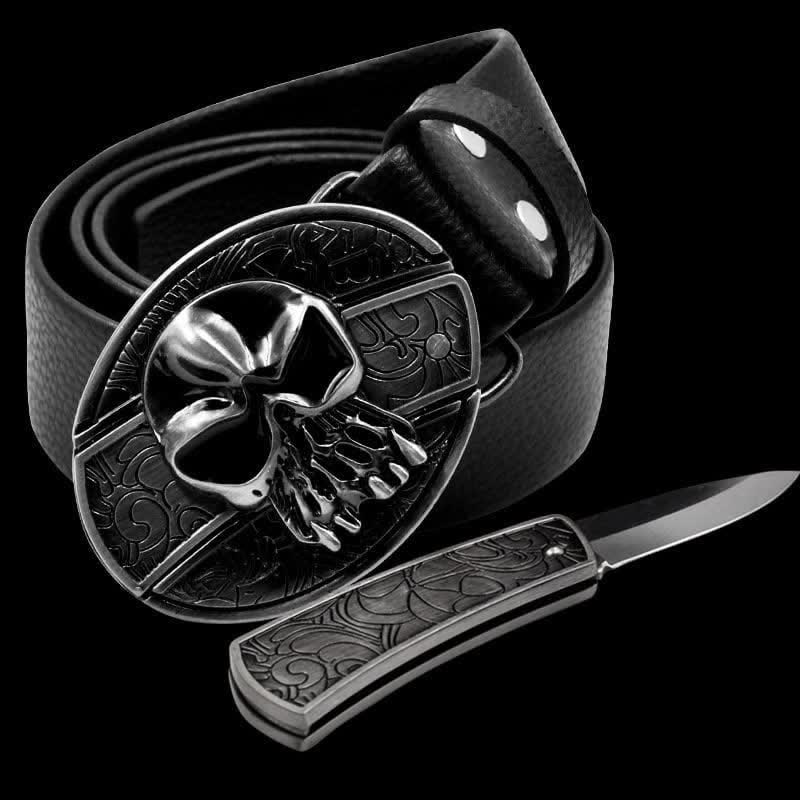 Men's Skull Head Leather Belt With Folding Knife