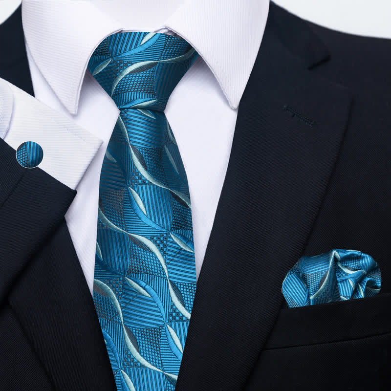 3Pcs Men's Teal & Azure Waves Necktie Set