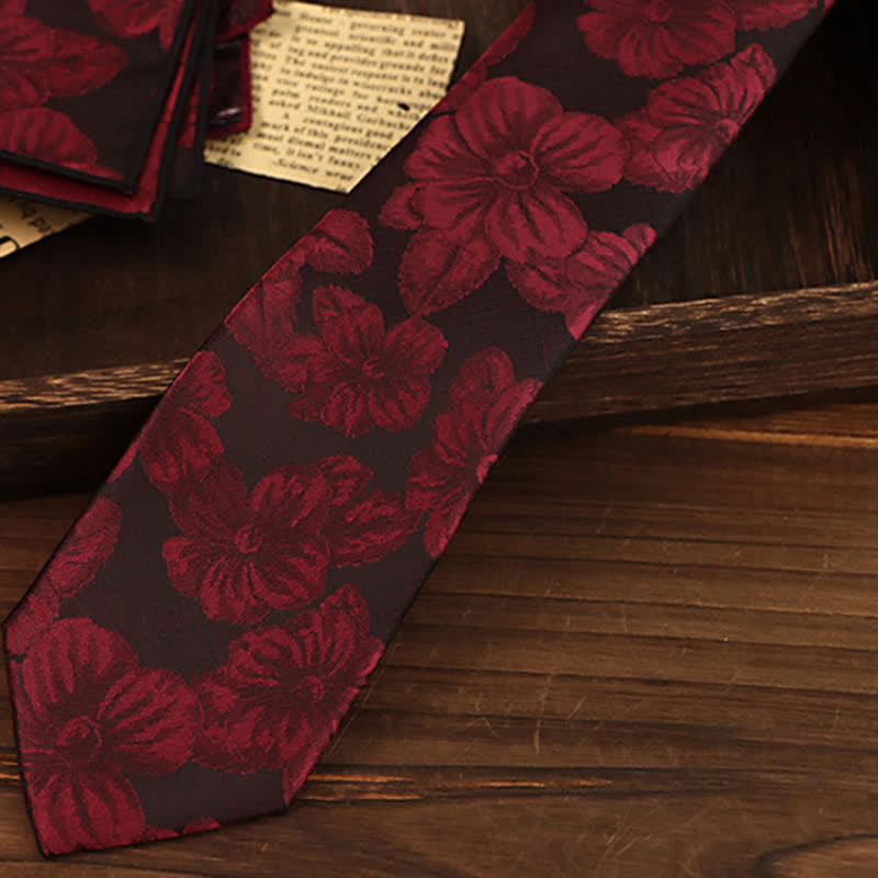 2Pcs Men's Burgundy Floral Necktie Set