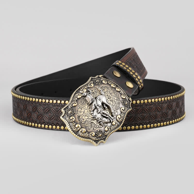 Men's Riding Horse Floral Pattern Leather Belt