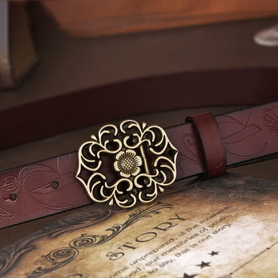 Women's Vintage Flower Hollow Buckle Embossed Leather Belt