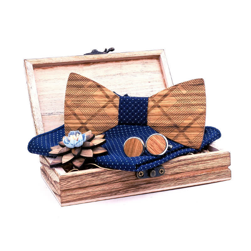 4Pcs Men's Classic Plaids Wooden Bow Tie Set