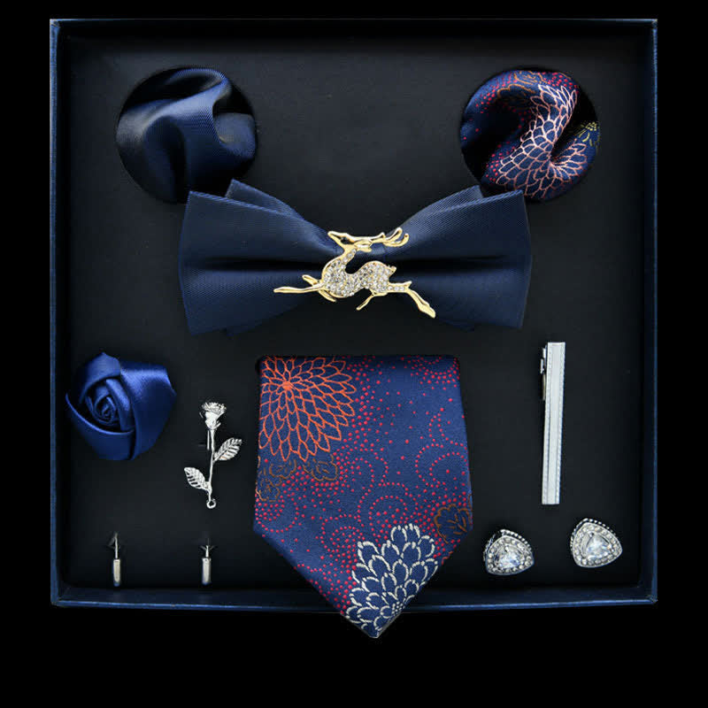 8Pcs Navy&Red Floral Casual Necktie Bow Ties Gift Box