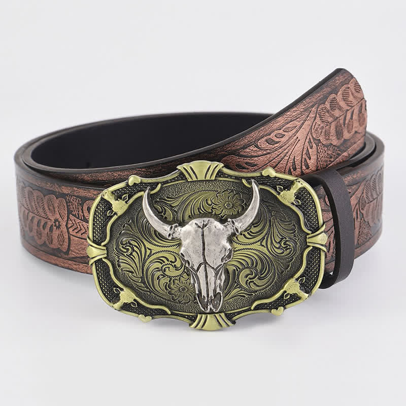Men's Distressed Bull Square Buckle Leather Belt