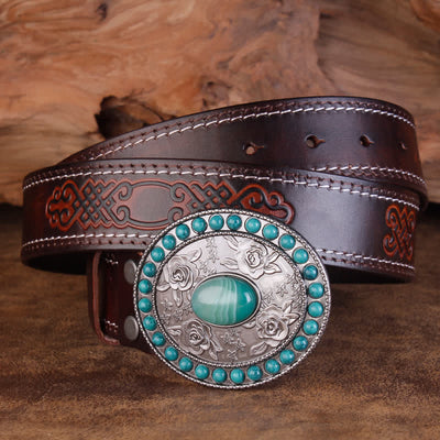 Unisex Carved Rose Turquoise Jade Agate Leather Belt
