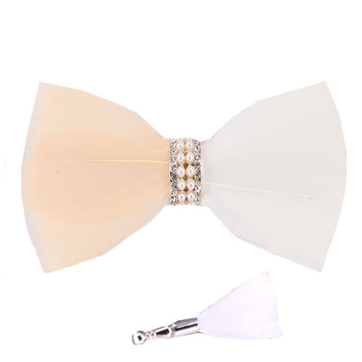 Blush & White Shiny Pearl Feather Bow Tie with Lapel Pin
