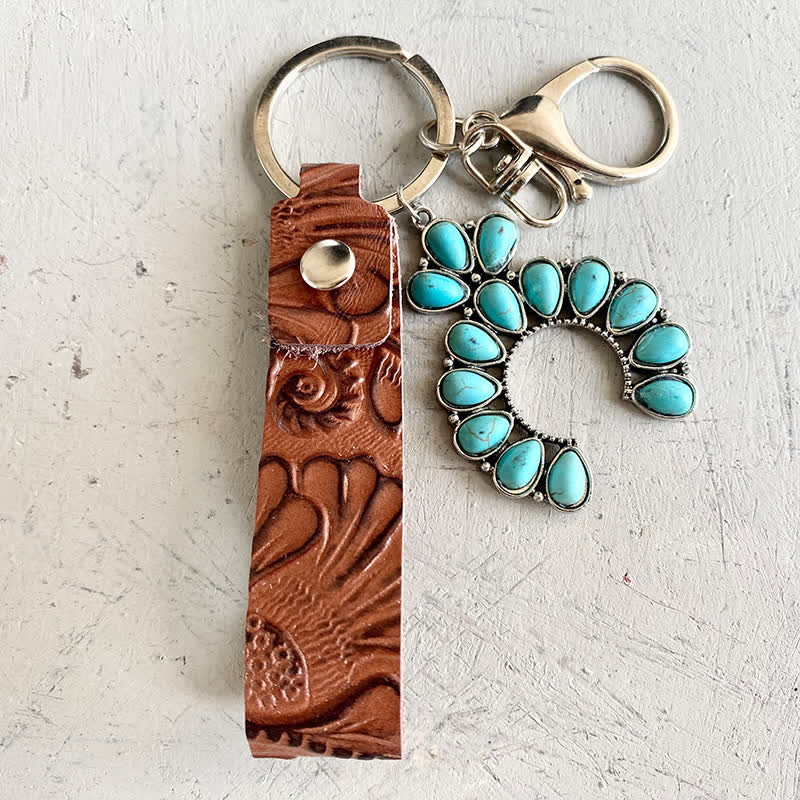 Bohemia Emboss Turquoise Pendant Leather Keychain