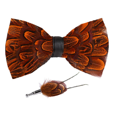 Orange & Black Peacock Feather Bow Tie with Lapel Pin