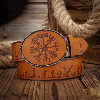 Men's Viking Compass Embossed Pattern Leather Belt